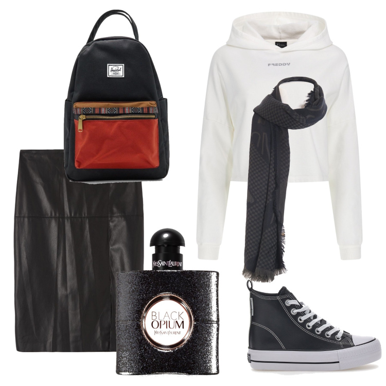 Outfit donna - Sbarazzina in felpa e sneakers. Stile Glamour per Scuola/Università. Abbinamento con profumi, gonne longuette, foulard, felpe con cappuccio, sneakers, zaini.