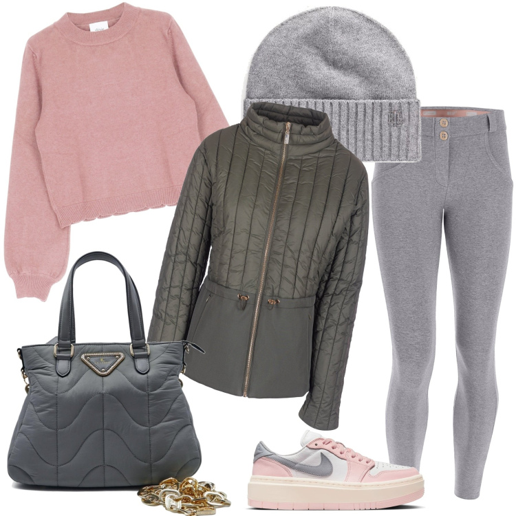Outfit donna - Mi preparo al freddo. Stile Casual per Tutti i giorni. Abbinamento con piumini, pantaloni skinny, berretti, pullovers, sneakers, borse a spalla.