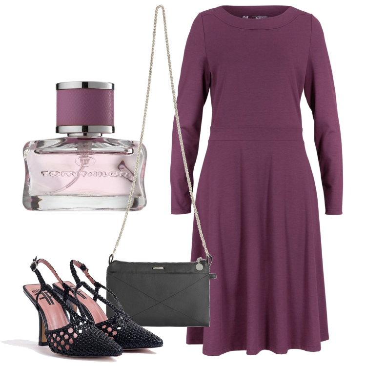 Outfit donna - Borgogna autunno. Stile Chic per Serata fuori. Abbinamento con vestiti midi/longuette, profumi, décolleté, clutch.