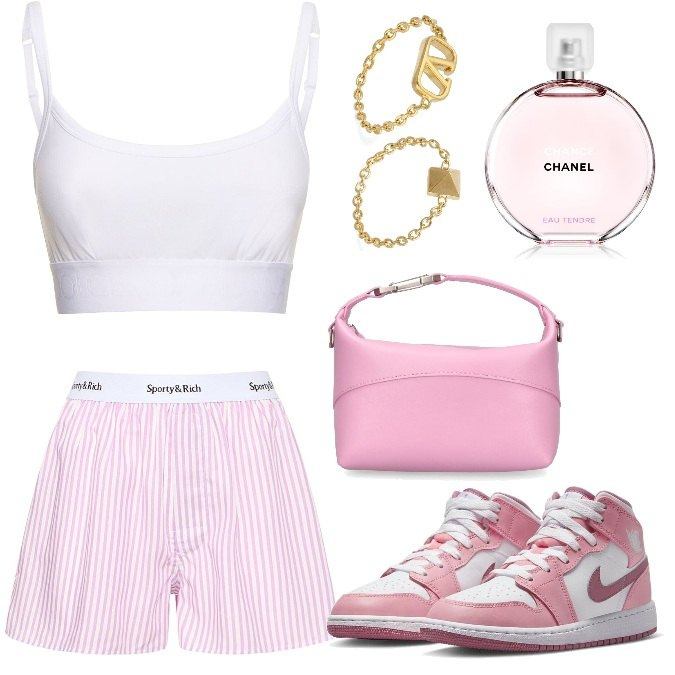 Outfit donna - Total look #1733289. Stile Trendy per Tutti i giorni. Abbinamento con sneakers, profumi, borse a mano, top, shorts, anelli.