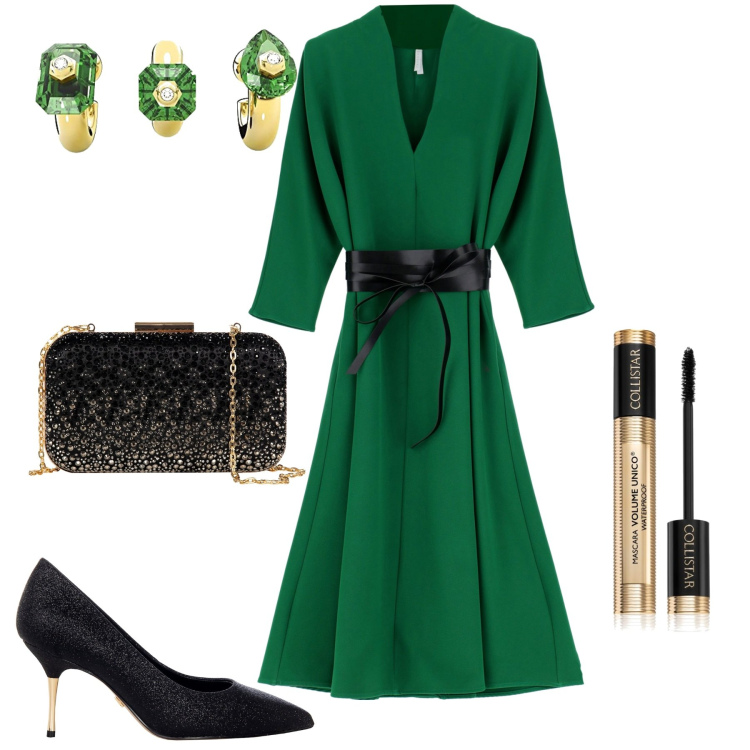 Outfit donna - Cena speciale. Stile Chic per Serata fuori. Abbinamento con vestiti midi/longuette, mascara, décolleté, clutch, orecchini.