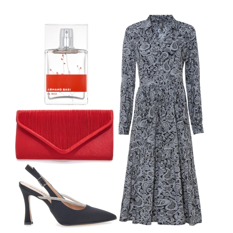 Outfit donna - Festa. Stile Chic per Serata fuori. Abbinamento con vestiti midi/longuette, profumi, décolleté, pochette.