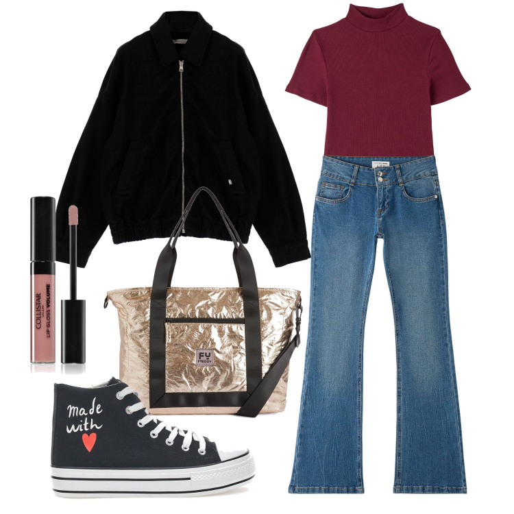 Outfit donna - Bomber. Stile Casual per Tutti i giorni. Abbinamento con gloss, jeans a zampa, t-shirt, giacche, borse tote, sneakers.