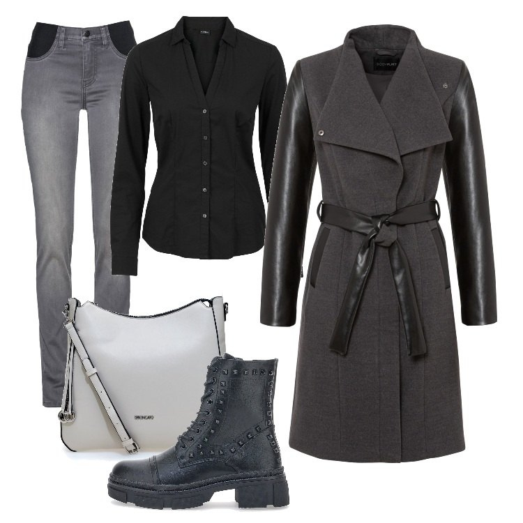 Outfit donna - Total look #1733393. Stile Rock per Serata fuori. Abbinamento con jeans, camicie, cappotti, anfibi, borse a tracolla.