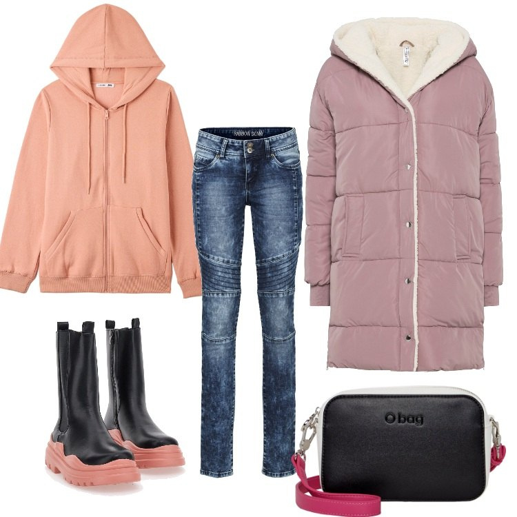 Outfit donna - Anfibi&Skinny. Stile Casual per Tutti i giorni. Abbinamento con jeans skinny, cappotti, felpe con cappuccio, stivaletti chelsea, borse a tracolla.