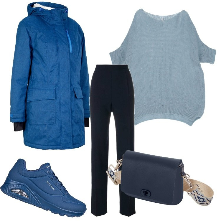 Outfit donna - Basic BLU. Stile Minimal per Tutti i giorni. Abbinamento con parka, pantaloni, pullovers, sneakers, borse a spalla.
