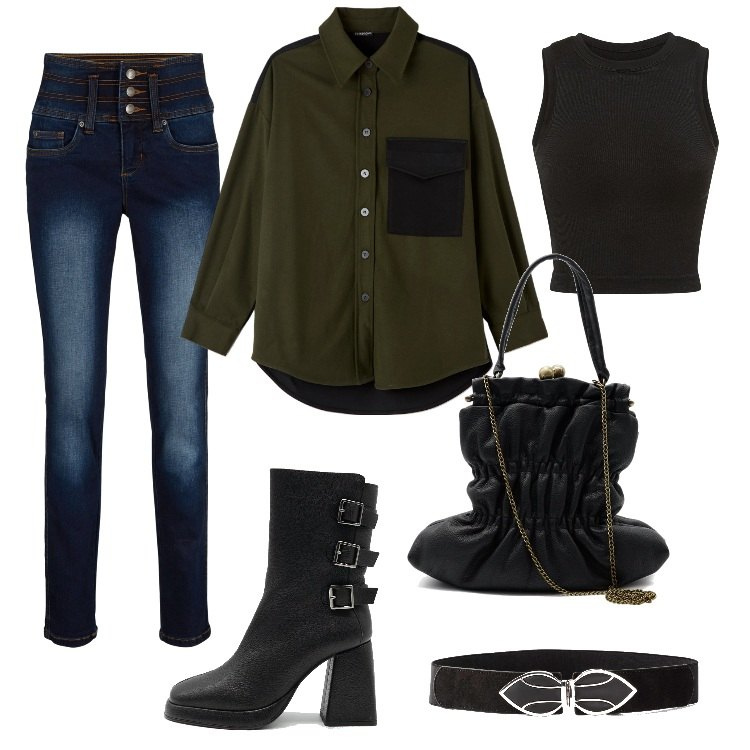 Outfit donna - Total look #1733399. Stile Rock per Serata fuori. Abbinamento con jeans slim fit, cinture, camicie, borse a spalla, stivaletti, canottiere.