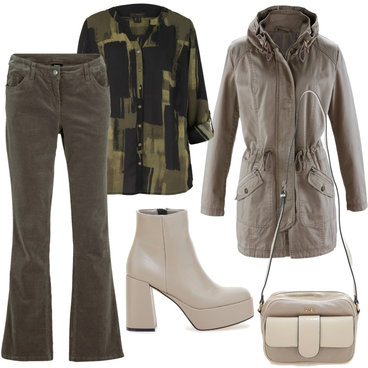 Outfit donna - Curvy autunnale. Stile Casual per Tutti i giorni. Abbinamento con pantaloni, parka, camicie, stivaletti, borse a tracolla.