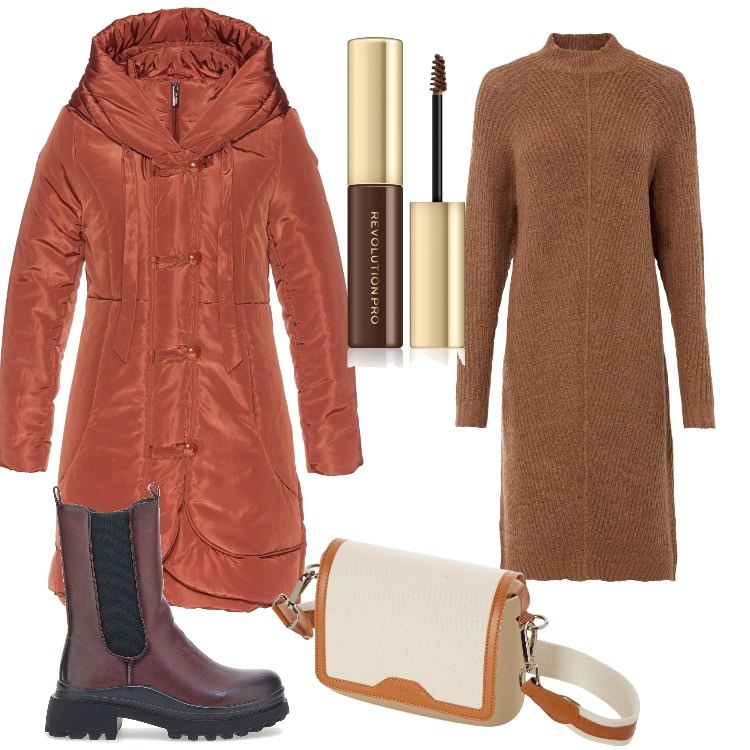 Outfit donna - Tonalità foglie d\'autunno. Stile Casual chic per Tutti i giorni. Abbinamento con vestiti asimmetrici, cappotti, mascara, borse a spalla, stivaletti.