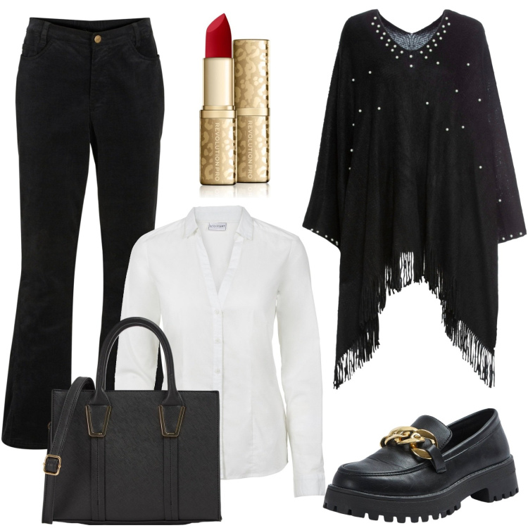 Outfit donna - Ufficio curvy. Stile Casual chic per Ufficio. Abbinamento con pantaloni, camicie, cappotti, rossetti, mocassini, shopping bag.