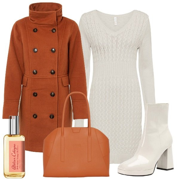 Outfit donna - mattone e panna. Stile Casual chic per Tutti i giorni. Abbinamento con vestiti, cappotti, stivaletti, profumi, borse a spalla.