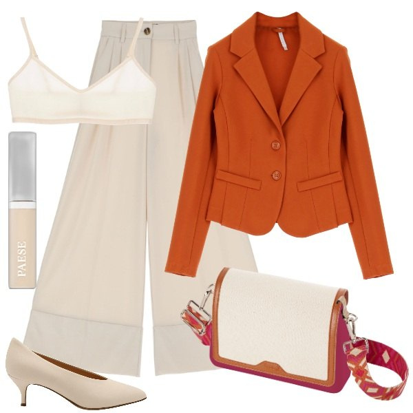 Outfit donna - giacca e top. Stile Trendy per Serata fuori. Abbinamento con décolleté, correttori, cappotti, pantaloni a palazzo, top, borse a spalla.