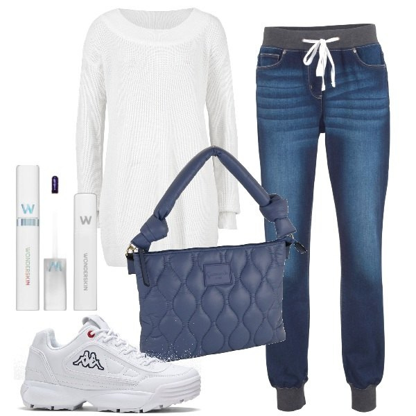 Outfit donna - basic con la maxi maglia. Stile Basic per Tutti i giorni. Abbinamento con jeans boyfriend, maglieria, sneakers, rossetti, borse a mano.