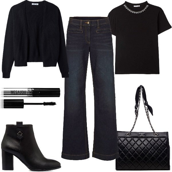 Outfit donna - Basic Chic. Stile Basic per Tutti i giorni. Abbinamento con jeans, t-shirt, cardigans, mascara, stivaletti, borse a spalla.