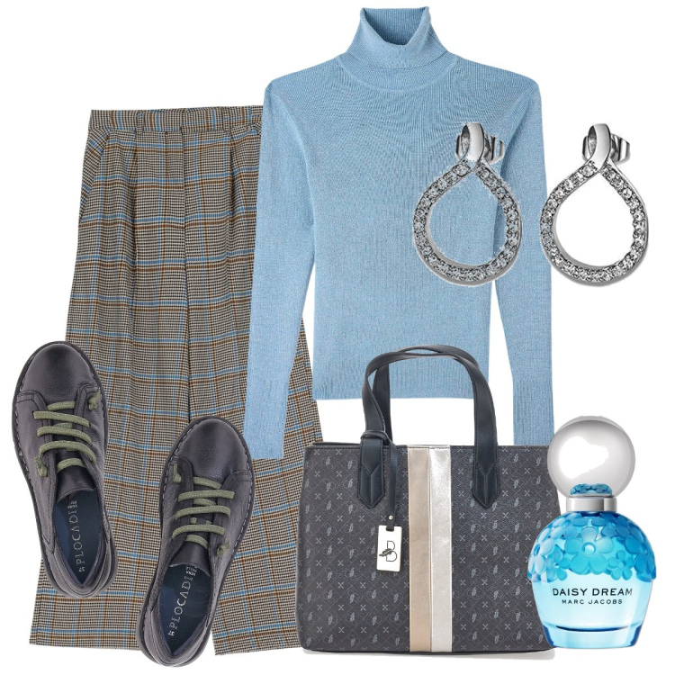 Outfit donna - Pantaloni a palazzo , pied de poule. Stile Casual per Tutti i giorni. Abbinamento con profumi, maglieria, pantaloni a palazzo, scarpe stringate, orecchini, borse a mano.