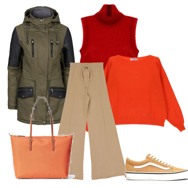 Outfit donna - I colori dell\'autunno. Stile Casual chic per Tutti i giorni. Abbinamento con parka, pantaloni a palazzo, felpe, maglieria, borse tote, sneakers.