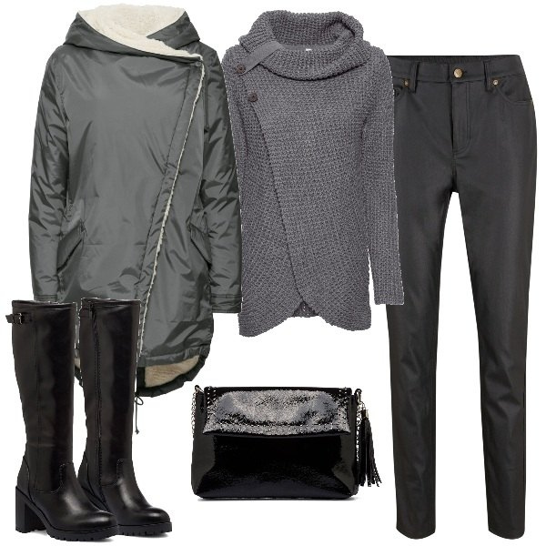 Outfit donna - pioggia non ti temo!. Stile Urban per Tutti i giorni. Abbinamento con maglieria, cappotti, pantaloni skinny, stivali sopra il ginocchio, borse a tracolla.