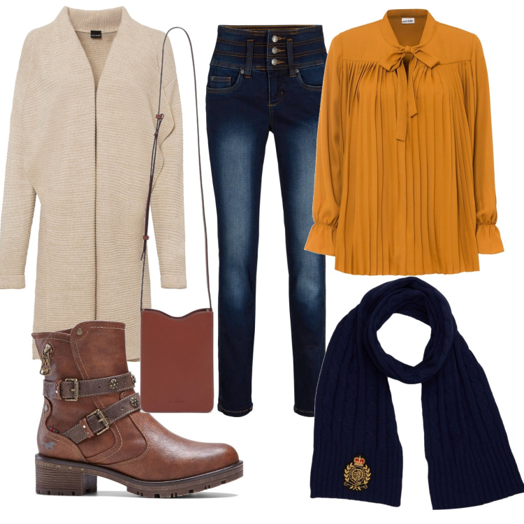 Outfit donna - Autunno daily. Stile Casual per Tutti i giorni. Abbinamento con jeans, bluse, cardigans, stivaletti, sciarpe, borse a tracolla.