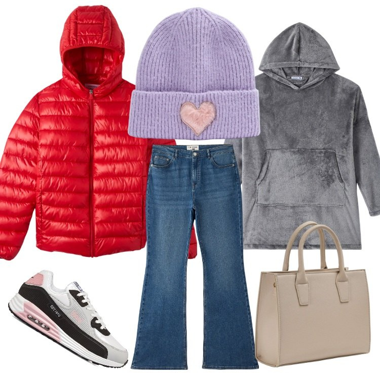 Outfit donna - Sales time. Stile Casual per Tutti i giorni. Abbinamento con shopping bag, felpe con cappuccio, jeans a zampa, berretti, blazer, sneakers.