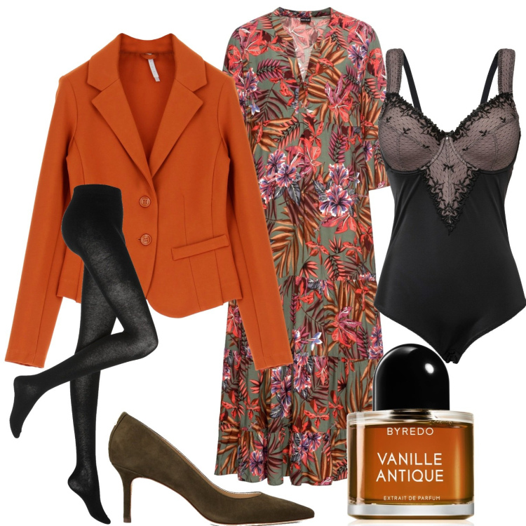 Outfit donna - Arancia vaniglia. Stile Vintage retrò per Tutti i giorni. Abbinamento con body, vestiti lunghi, collant, profumi, cappotti, décolleté.