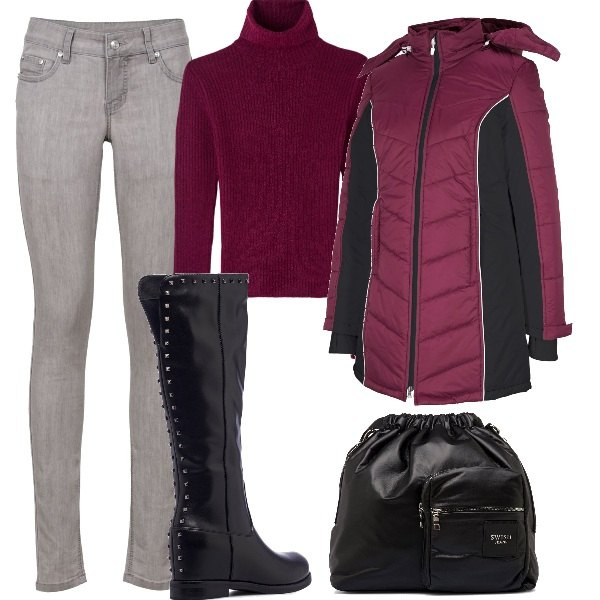 Outfit donna - pioggia d\'autunno. Stile Casual per Tutti i giorni. Abbinamento con jeans skinny, blazer, maglieria, stivali, borse a spalla.