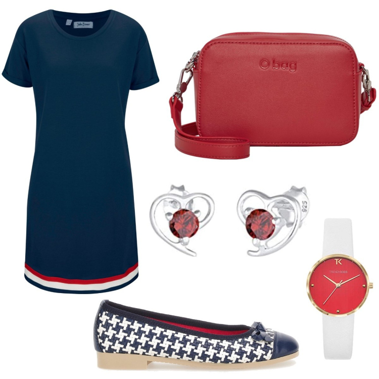 Outfit donna - Bon ton rosso e blu. Stile Sporty chic per Tutti i giorni. Abbinamento con vestiti, orecchini, orologi analogici, ballerine, borse a tracolla.