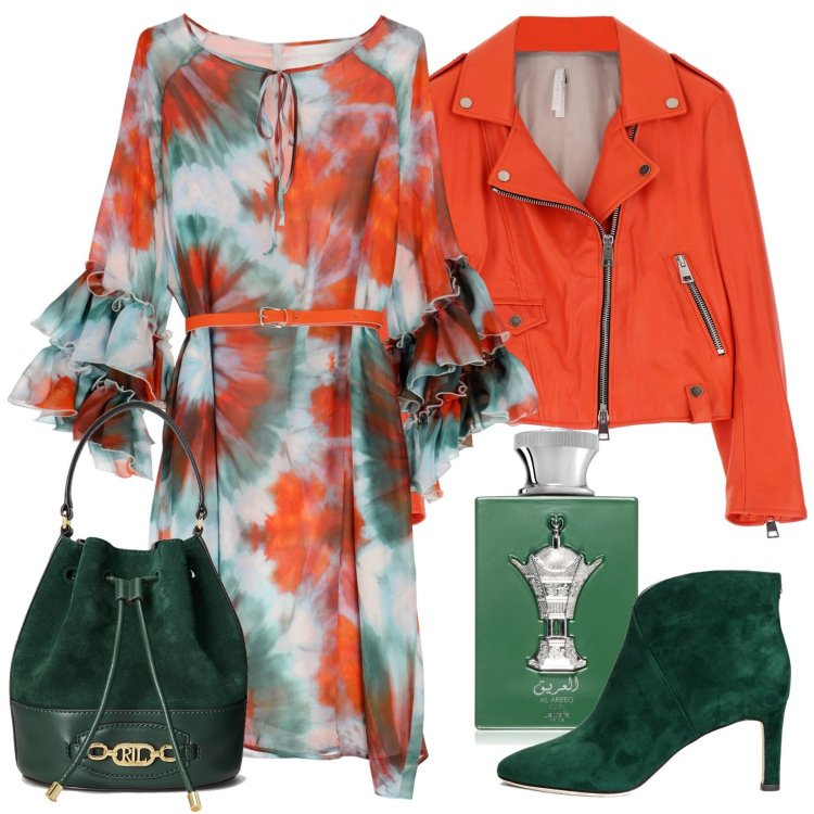 Outfit donna - Brillante. Stile Casual chic per Serata fuori. Abbinamento con profumi, vestiti corti, giacche, borse a secchiello, stivaletti.