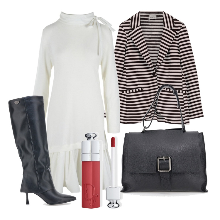 Outfit donna - Ghost outfitter - ottobre. Stile Trendy per Tutti i giorni. Abbinamento con rossetti, blazer, borse a spalla, stivali sopra il ginocchio, vestiti.