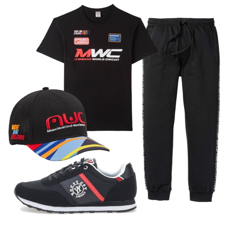 Outfit uomo - Scritte. Stile Casual per Sport. Abbinamento con pantaloni, cappelli, t-shirt, sneakers.