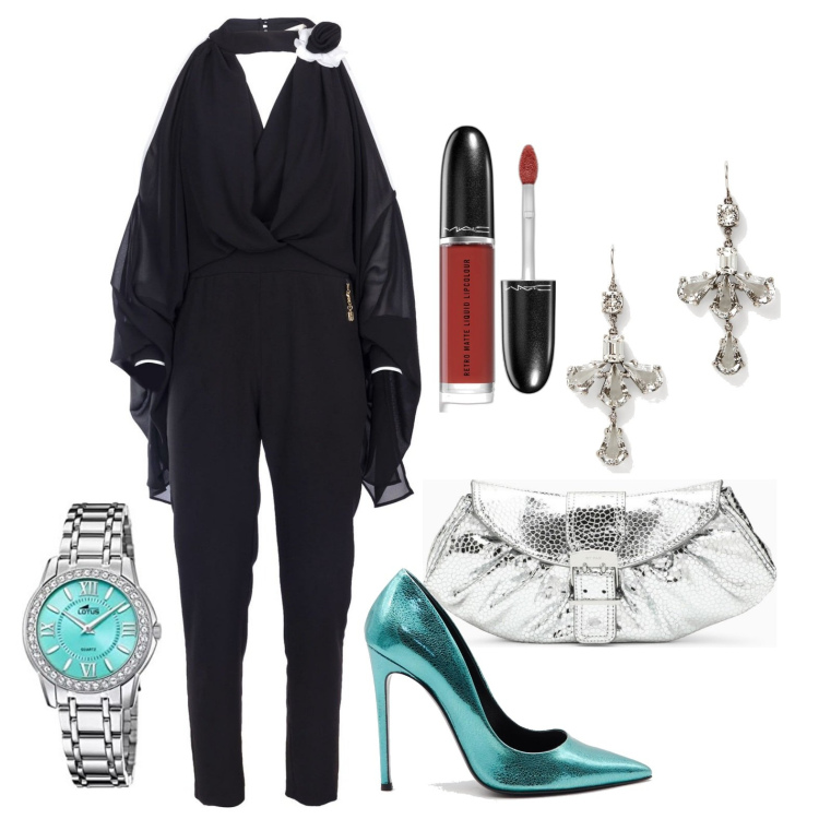 Outfit donna - Ghost outfitter - ottobre. Stile Glamour per Serata fuori. Abbinamento con rossetti, tute, orecchini, orologi, décolleté, pochette.