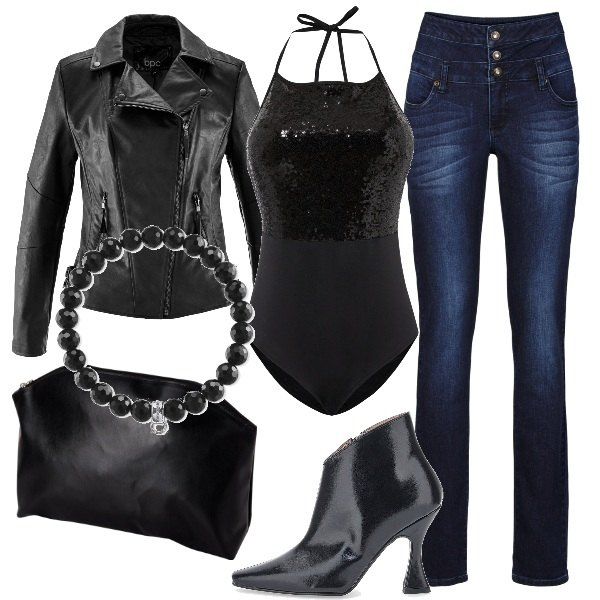 Outfit donna - stivaletti e jeans plus size rock. Stile Rock per Serata fuori. Abbinamento con blazer, jeans skinny, body, stivaletti, borse a spalla, braccialetti.