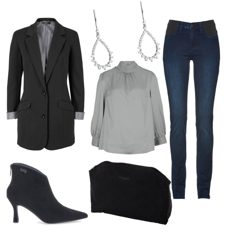 Outfit donna - Very chic. Stile Chic per Ufficio. Abbinamento con jeans skinny, tuniche, giacche, stivaletti, orecchini, borse a spalla.