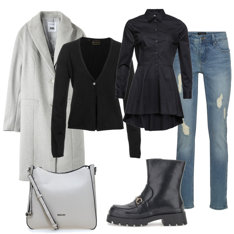 Outfit donna - Hallo. Stile Casual chic per Tutti i giorni. Abbinamento con camicie, jeans strappati, cardigans, cappotti, stivaletti, borse a tracolla.