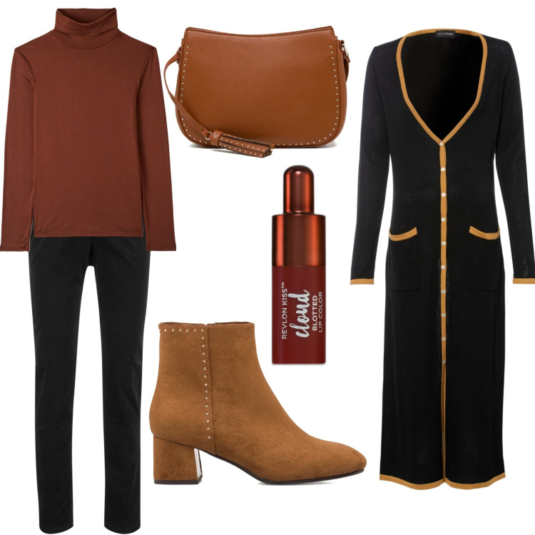 Outfit donna - Minimal black/brown. Stile Minimal per Ufficio. Abbinamento con pantaloni, cardigans, rossetti, t-shirt, stivaletti, borse a tracolla.