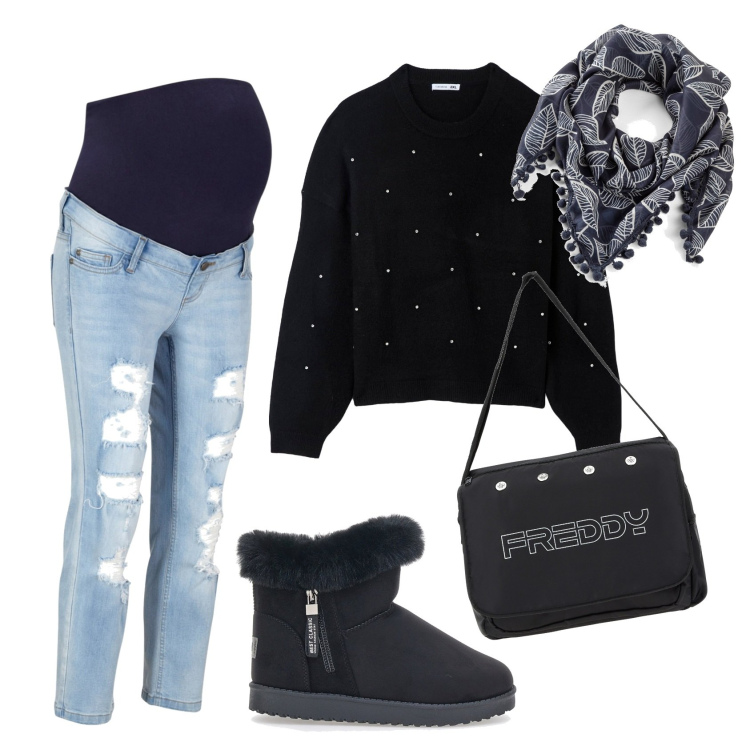 Outfit donna - Comoda premaman. Stile Urban per Tutti i giorni. look ideale per Premaman. Abbinamento con jeans strappati, foulard, maglieria, borse messenger, stivaletti.
