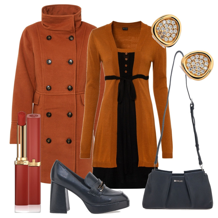 Outfit donna - Autumn colors. Stile Casual chic per Ufficio. Abbinamento con vestiti, cappotti, rossetti, borse a tracolla, mocassini, orecchini.