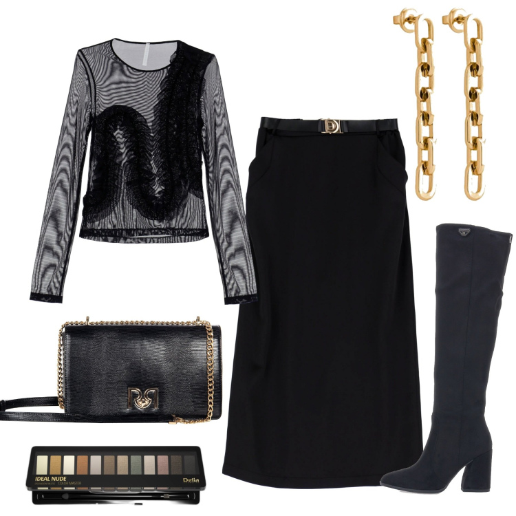 Outfit donna - Serata. Stile Trendy per Serata fuori. Abbinamento con ombretti, borse a tracolla, gonne longuette, maglieria, orecchini, stivali.