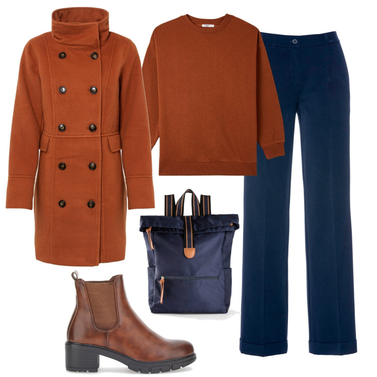 Outfit donna - Cappotto color mattone. Stile Casual chic per Tutti i giorni. Abbinamento con pantaloni, cappotti, zaini, felpe, stivaletti.