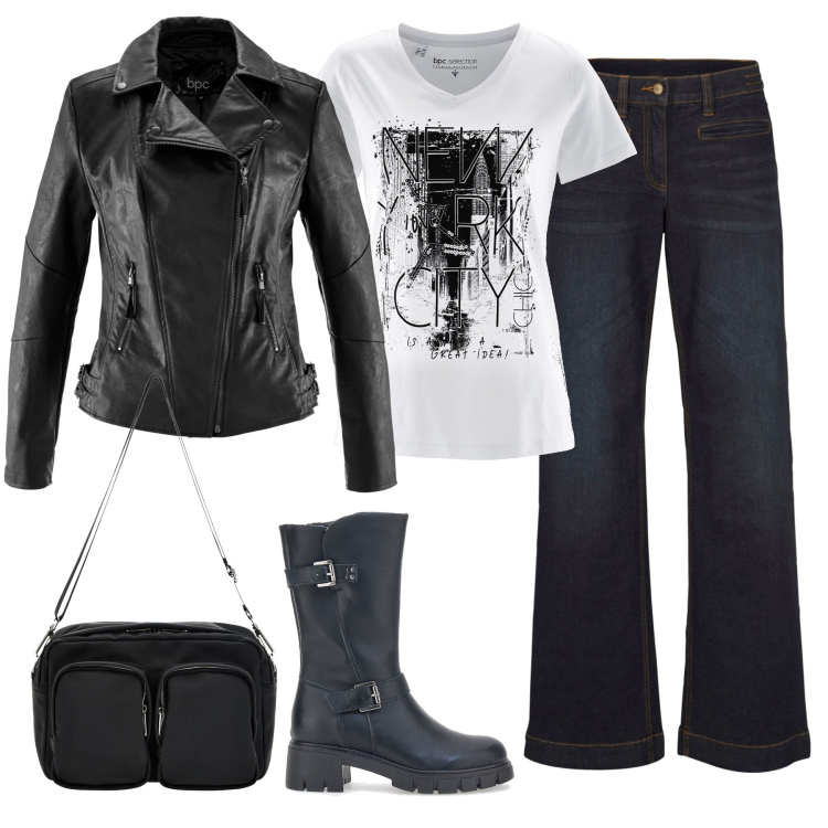 Outfit donna - Bikers e giubbino nero. Stile Rock per Tutti i giorni. Abbinamento con blazer, jeans, t-shirt, borse a tracolla, stivaletti.