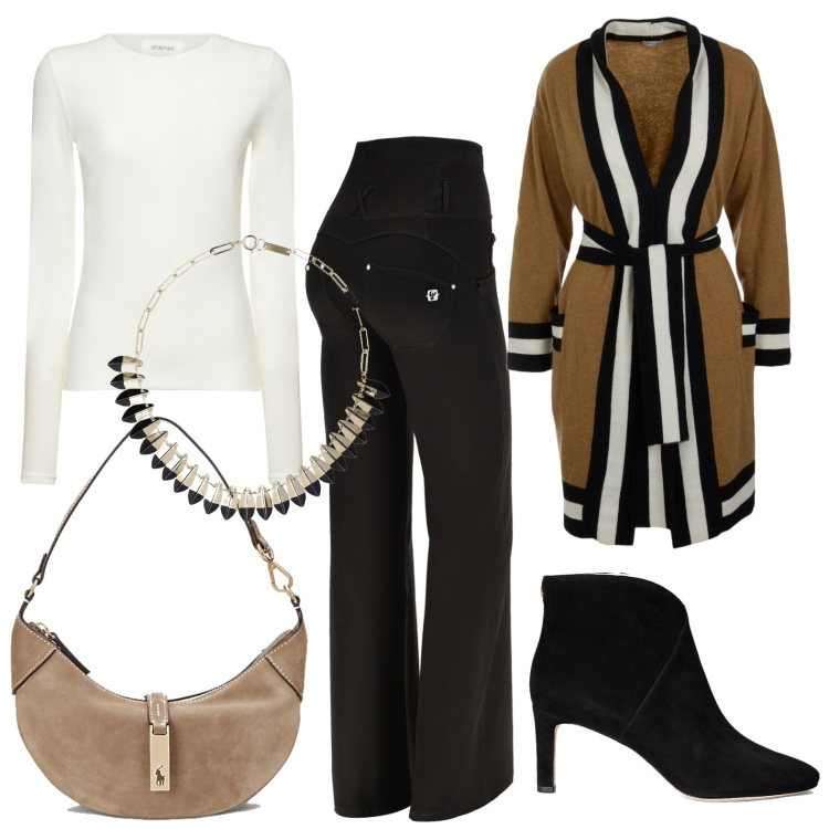 Outfit donna - Una borsa preziosa. Stile Casual chic per Tutti i giorni. Abbinamento con pantaloni, borse a spalla, stivaletti, cardigans, t-shirt, collane.
