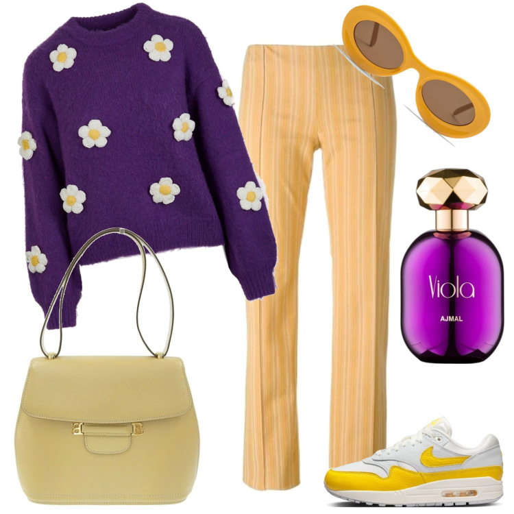 Outfit donna - Positive. Stile Casual per Tutti i giorni. Abbinamento con pantaloni, borse a spalla, profumi, maglieria, sneakers, occhiali da sole.