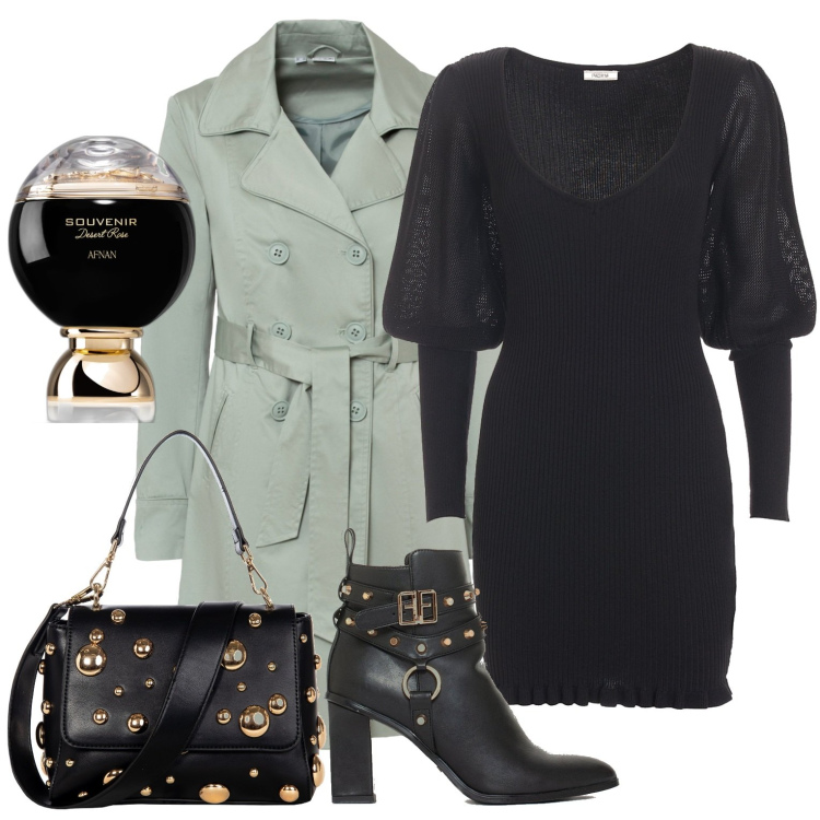 Outfit donna - Gocce d\'oro. Stile Chic per Ufficio. Abbinamento con trench, profumi, borse a spalla, stivaletti, vestiti.