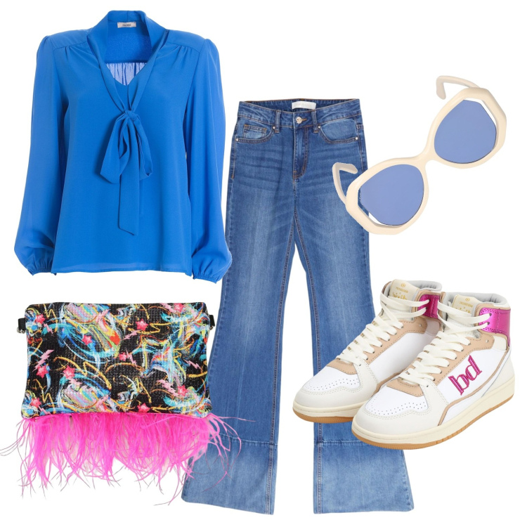Outfit donna - Sneakers e piume. Stile Basic per Tutti i giorni. Abbinamento con sneakers alte, pochette, bluse, jeans, occhiali da sole.