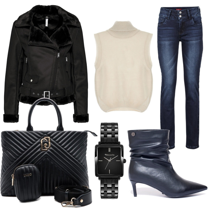 Outfit donna - Jeans girl. Stile Basic per Tutti i giorni. Abbinamento con jeans, cappotti, maglieria, stivaletti, orologi analogici, borse a mano.