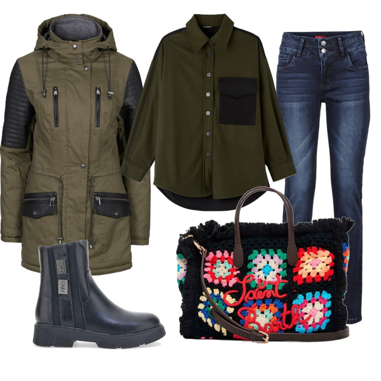 Outfit donna - Total look #1733643. Stile Casual per Tutti i giorni. Abbinamento con jeans, parka, camicie, borse a mano, stivaletti chelsea.