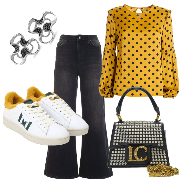 Outfit donna - Amo i pois. Stile Sporty chic per Ufficio. Abbinamento con bluse, jeans, sneakers, orecchini, borse a mano.