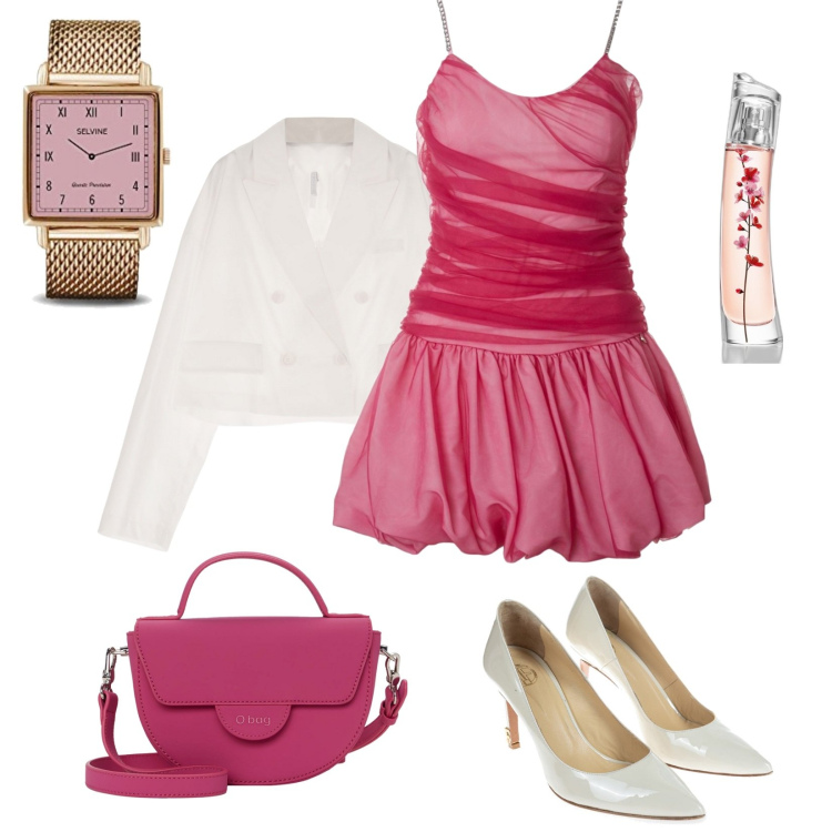 Outfit donna - Look cerimonia. Stile Romantica per Cerimonia. Abbinamento con profumi, décolleté, giacche, vestiti, orologi analogici, borse a spalla.