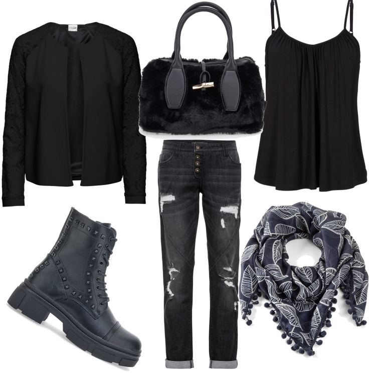 Outfit donna - Urban basic. Stile Basic per Tutti i giorni. Abbinamento con blazer, foulard, top, jeans boyfriend, borse a mano, anfibi.