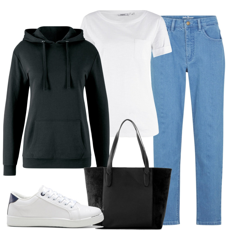 Outfit donna - Più basic di così. Stile Basic per Tutti i giorni. Abbinamento con felpe con cappuccio, t-shirt, shopping bag, sneakers, jeans mom.