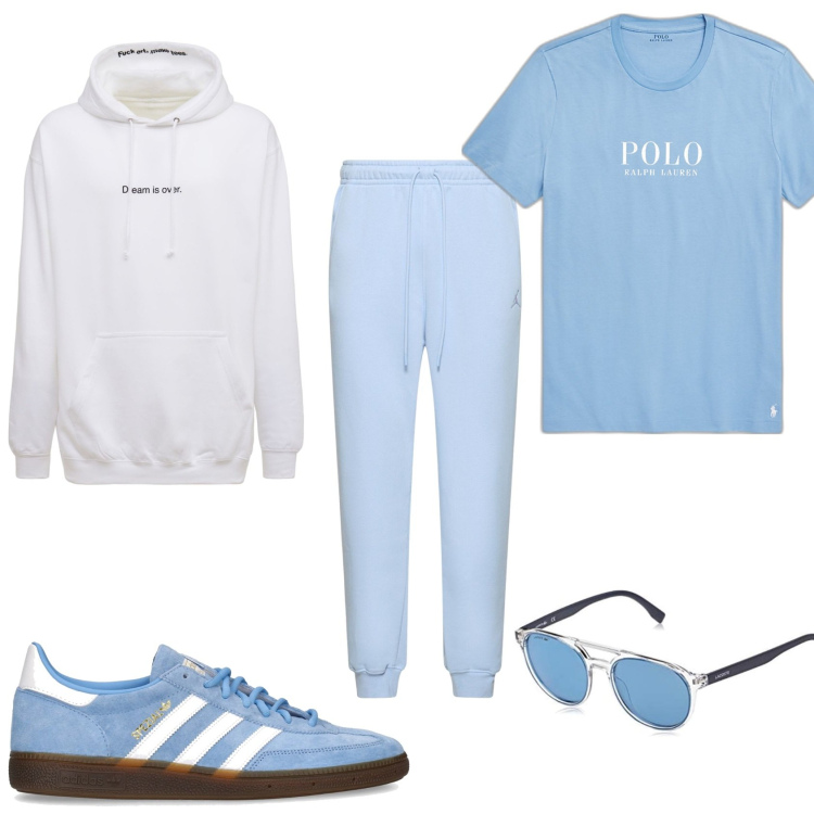 Outfit uomo - Sportivo in bianco e celeste. Stile Casual per Tutti i giorni. Abbinamento con t-shirt, felpe con cappuccio, occhiali da sole, sneakers, pantaloni.